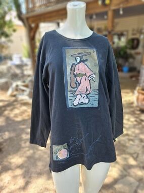 Vintage 80's Blue Fish Black Organic Cotton Hand Painted  Long Sleeve Top Size 0